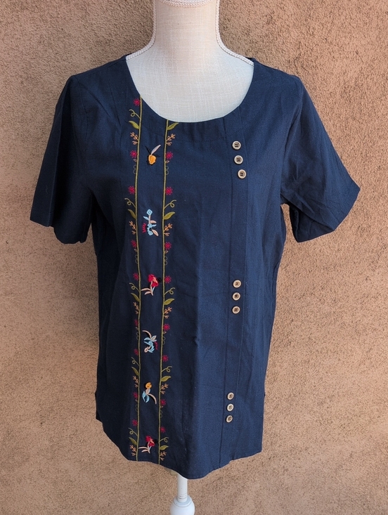 Lily Tops - Mod Lily Tropical Floral Embroidery Dark Chambray 100% Cotton Blouse Feminine